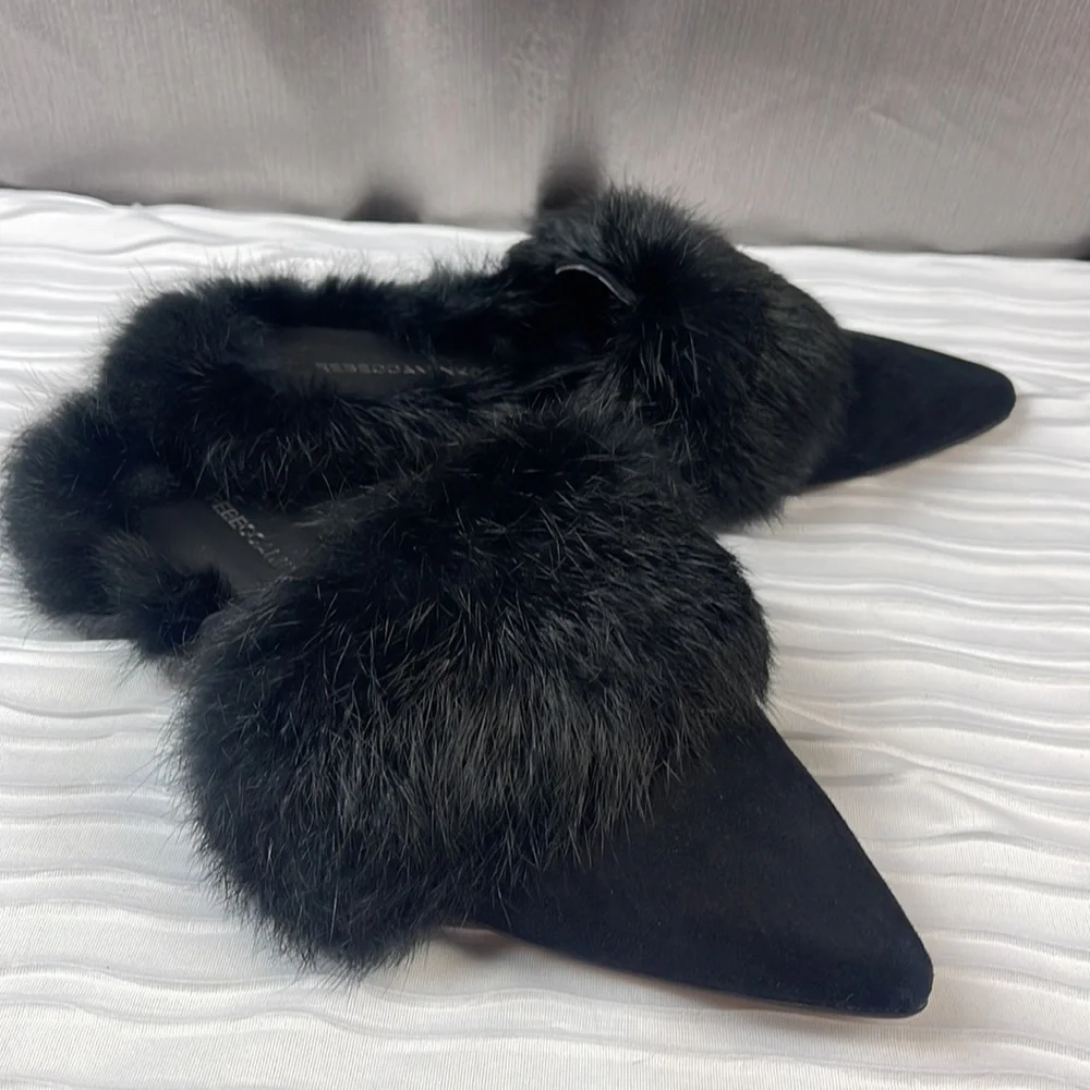 Rebecca Minkoff Rafferty Mules with fur. Black kid suede/ Rabbit Fur. Size 7.5 M - Picture 3 of 9